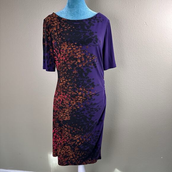 Jones New York Dress Women 16 stretch ruched plum russet berry gold flattering - Picture 1 of 16